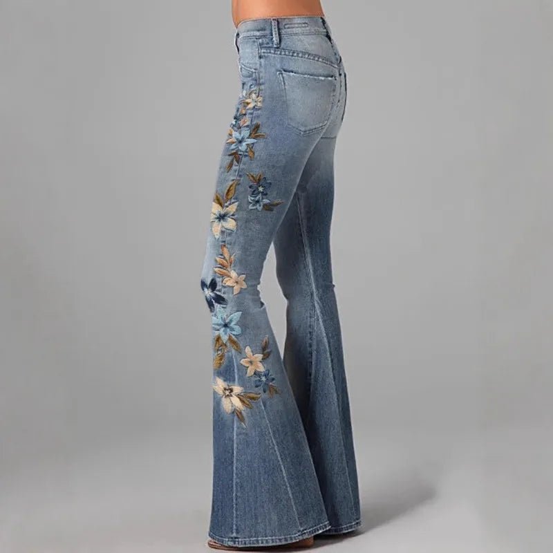 Women's Floral Embroidered High Waist Flared Jeans Vintage Boho Wide Leg Denim Jeans - American Thistle Women's Floral Embroidered High Waist Flared Jeans Vintage Boho Wide Leg Denim Jeans