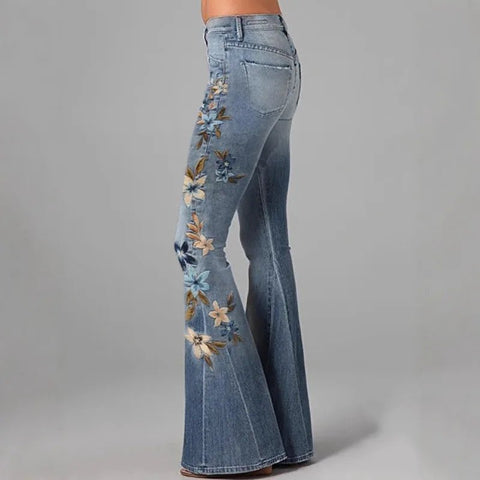 Women's Floral Embroidered High Waist Flared Jeans Vintage Boho Wide Leg Denim Jeans - American Thistle Women's Floral Embroidered High Waist Flared Jeans Vintage Boho Wide Leg Denim Jeans