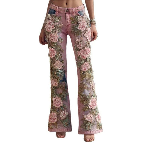 Women's Floral Embroidered High Waist Flared Jeans Vintage Boho Wide Leg Denim Jeans - American Thistle Women's Floral Embroidered High Waist Flared Jeans Vintage Boho Wide Leg Denim Jeans