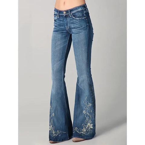 Women's Floral Embroidered High Waist Flared Jeans Vintage Boho Wide Leg Denim Jeans - American Thistle Women's Floral Embroidered High Waist Flared Jeans Vintage Boho Wide Leg Denim Jeans