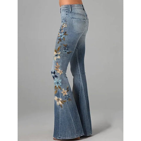 Women's Floral Embroidered High Waist Flared Jeans Vintage Boho Wide Leg Denim Jeans - American Thistle Women's Floral Embroidered High Waist Flared Jeans Vintage Boho Wide Leg Denim Jeans