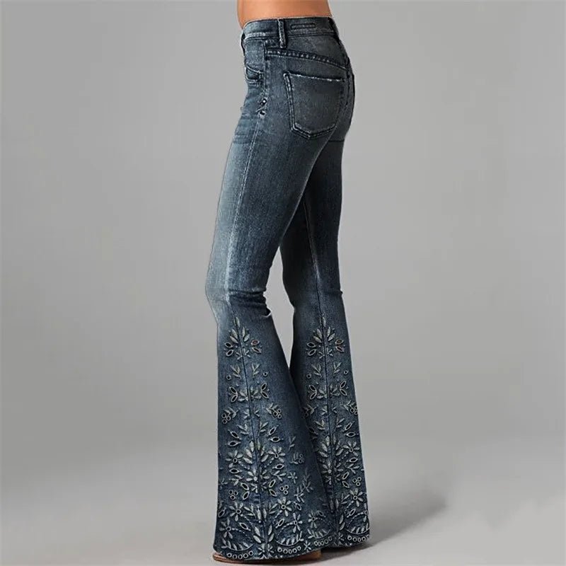 Women's Floral Embroidered High Waist Flared Jeans Vintage Boho Wide Leg Denim Jeans - American Thistle Women's Floral Embroidered High Waist Flared Jeans Vintage Boho Wide Leg Denim Jeans
