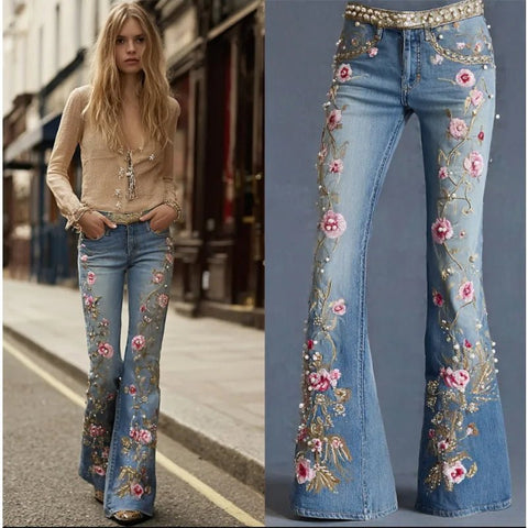 Women's Floral Embroidered High Waist Flared Jeans Vintage Boho Wide Leg Denim Jeans - American Thistle Women's Floral Embroidered High Waist Flared Jeans Vintage Boho Wide Leg Denim Jeans