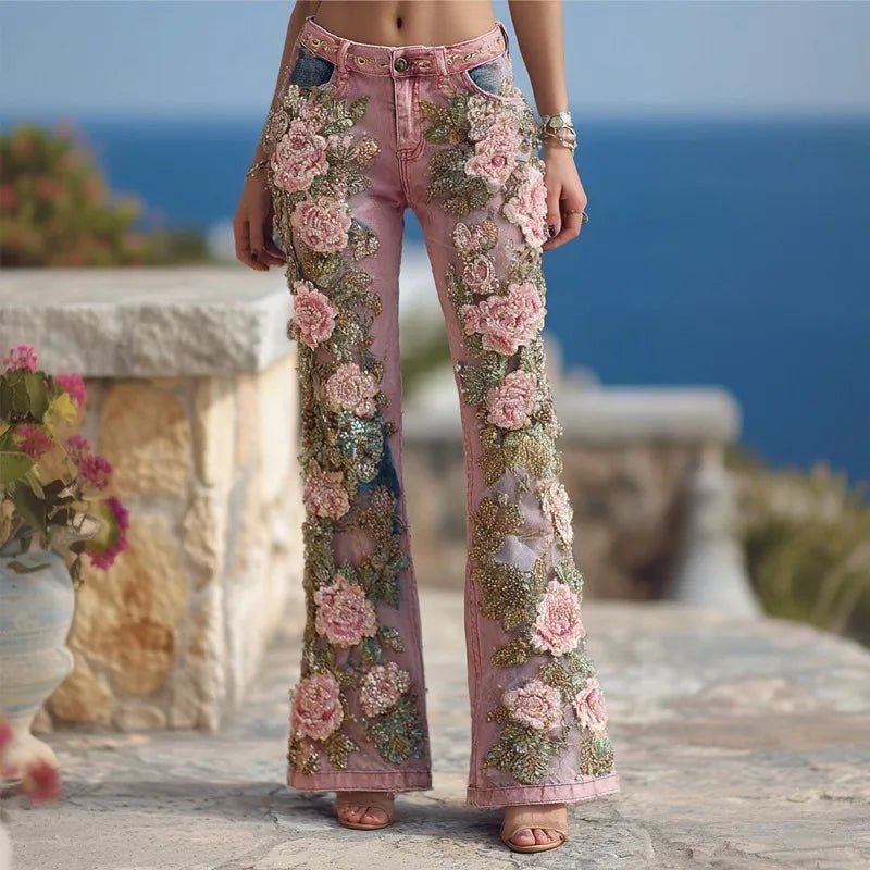 Women's Floral Embroidered High Waist Flared Jeans Vintage Boho Wide Leg Denim Jeans - American Thistle Women's Floral Embroidered High Waist Flared Jeans Vintage Boho Wide Leg Denim Jeans