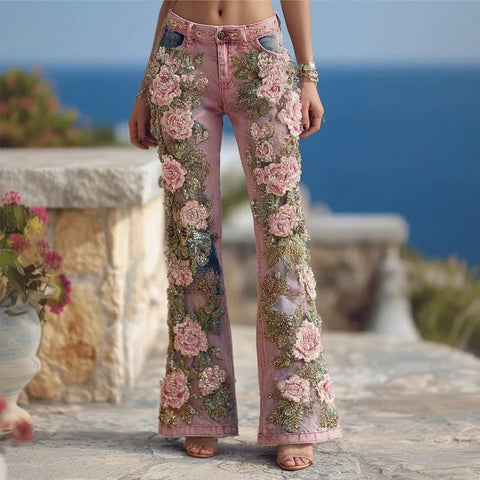 Women's Floral Embroidered High Waist Flared Jeans Vintage Boho Wide Leg Denim Jeans - American Thistle Women's Floral Embroidered High Waist Flared Jeans Vintage Boho Wide Leg Denim Jeans