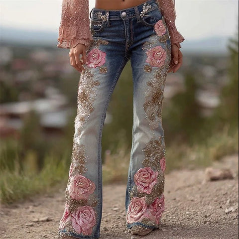 Women's Floral Embroidered High Waist Flared Jeans Vintage Boho Wide Leg Denim Jeans - American Thistle Women's Floral Embroidered High Waist Flared Jeans Vintage Boho Wide Leg Denim Jeans