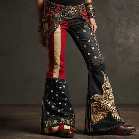 Women's Floral Embroidered High Waist Flared Jeans Vintage Boho Wide Leg Denim Jeans - American Thistle Women's Floral Embroidered High Waist Flared Jeans Vintage Boho Wide Leg Denim Jeans