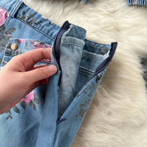 Women's Floral Print Denim Two Pieces Sets Off Shoulder Strapless Elastic Waist Camisole+ Split Maxi Skirt Jeans Suits - American Thistle Women's Floral Print Denim Two Pieces Sets Off Shoulder Strapless Elastic Waist Camisole+ Split Maxi Skirt Jeans Suits