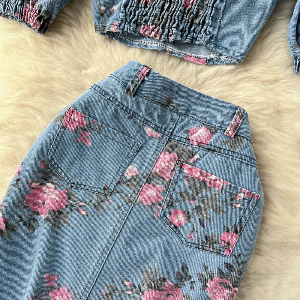 Women's Floral Print Denim Two Pieces Sets Off Shoulder Strapless Elastic Waist Camisole+ Split Maxi Skirt Jeans Suits - American Thistle Women's Floral Print Denim Two Pieces Sets Off Shoulder Strapless Elastic Waist Camisole+ Split Maxi Skirt Jeans Suits