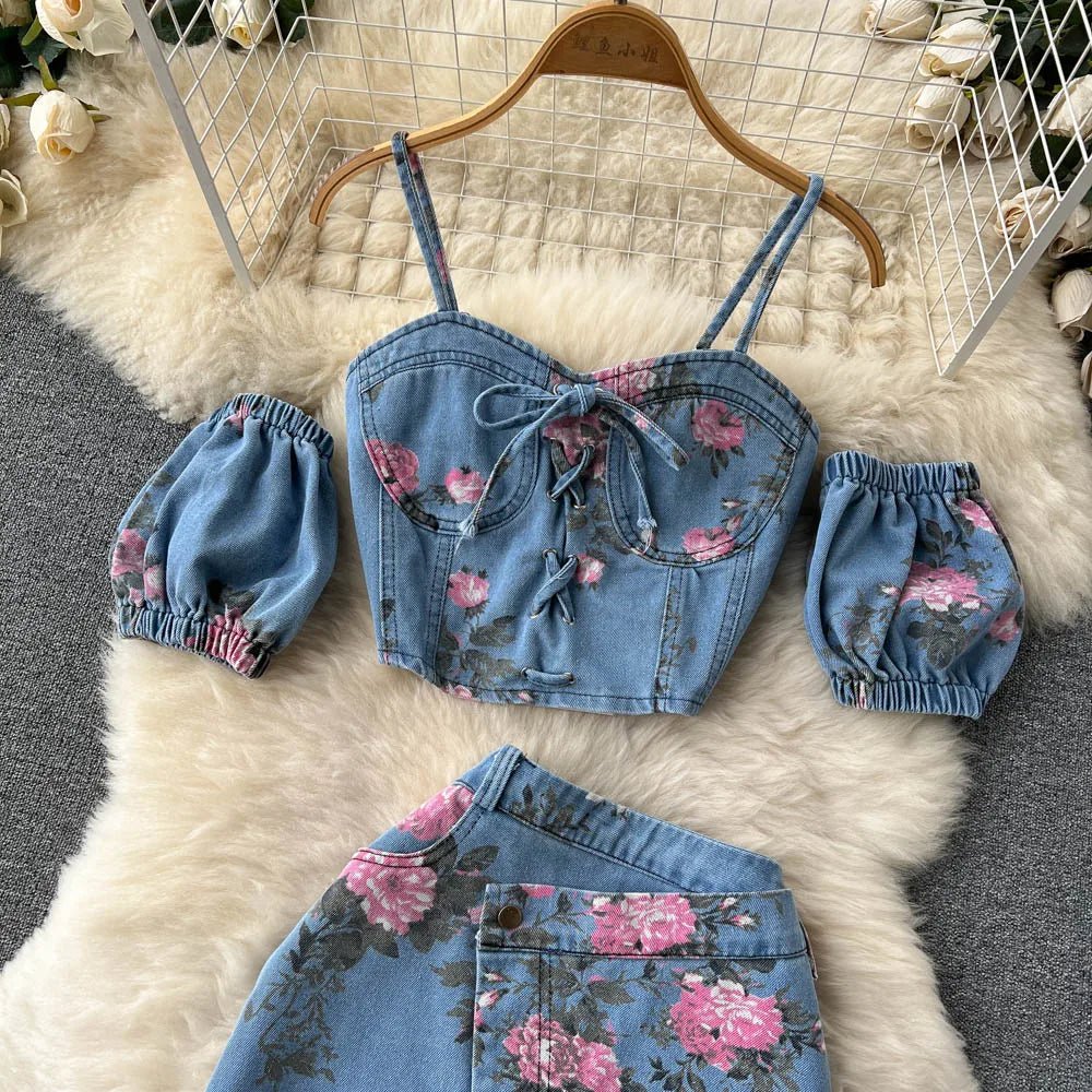 Women's Floral Print Denim Two Pieces Sets Off Shoulder Strapless Elastic Waist Camisole+ Split Maxi Skirt Jeans Suits - American Thistle Women's Floral Print Denim Two Pieces Sets Off Shoulder Strapless Elastic Waist Camisole+ Split Maxi Skirt Jeans Suits