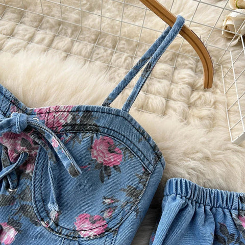 Women's Floral Print Denim Two Pieces Sets Off Shoulder Strapless Elastic Waist Camisole+ Split Maxi Skirt Jeans Suits - American Thistle Women's Floral Print Denim Two Pieces Sets Off Shoulder Strapless Elastic Waist Camisole+ Split Maxi Skirt Jeans Suits