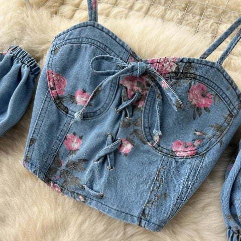 Women's Floral Print Denim Two Pieces Sets Off Shoulder Strapless Elastic Waist Camisole+ Split Maxi Skirt Jeans Suits - American Thistle Women's Floral Print Denim Two Pieces Sets Off Shoulder Strapless Elastic Waist Camisole+ Split Maxi Skirt Jeans Suits