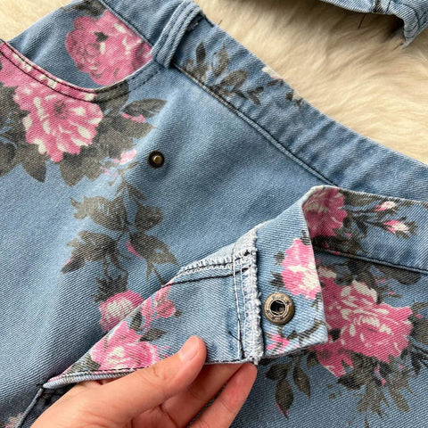 Women's Floral Print Denim Two Pieces Sets Off Shoulder Strapless Elastic Waist Camisole+ Split Maxi Skirt Jeans Suits - American Thistle Women's Floral Print Denim Two Pieces Sets Off Shoulder Strapless Elastic Waist Camisole+ Split Maxi Skirt Jeans Suits