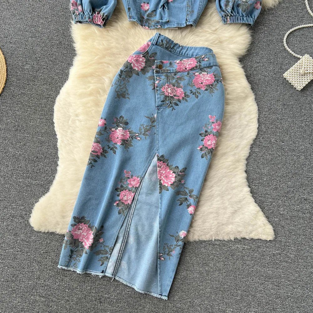 Women's Floral Print Denim Two Pieces Sets Off Shoulder Strapless Elastic Waist Camisole+ Split Maxi Skirt Jeans Suits - American Thistle Women's Floral Print Denim Two Pieces Sets Off Shoulder Strapless Elastic Waist Camisole+ Split Maxi Skirt Jeans Suits