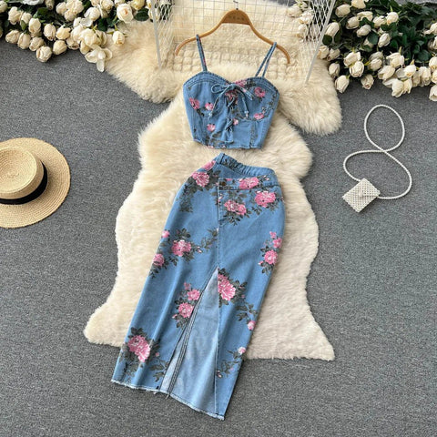 Women's Floral Print Denim Two Pieces Sets Off Shoulder Strapless Elastic Waist Camisole+ Split Maxi Skirt Jeans Suits - American Thistle Women's Floral Print Denim Two Pieces Sets Off Shoulder Strapless Elastic Waist Camisole+ Split Maxi Skirt Jeans Suits