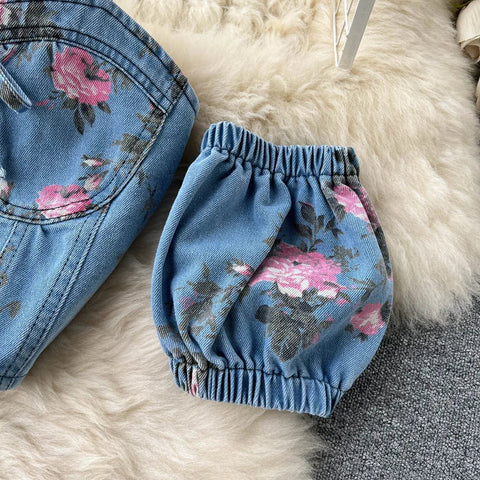 Women's Floral Print Denim Two Pieces Sets Off Shoulder Strapless Elastic Waist Camisole+ Split Maxi Skirt Jeans Suits - American Thistle Women's Floral Print Denim Two Pieces Sets Off Shoulder Strapless Elastic Waist Camisole+ Split Maxi Skirt Jeans Suits