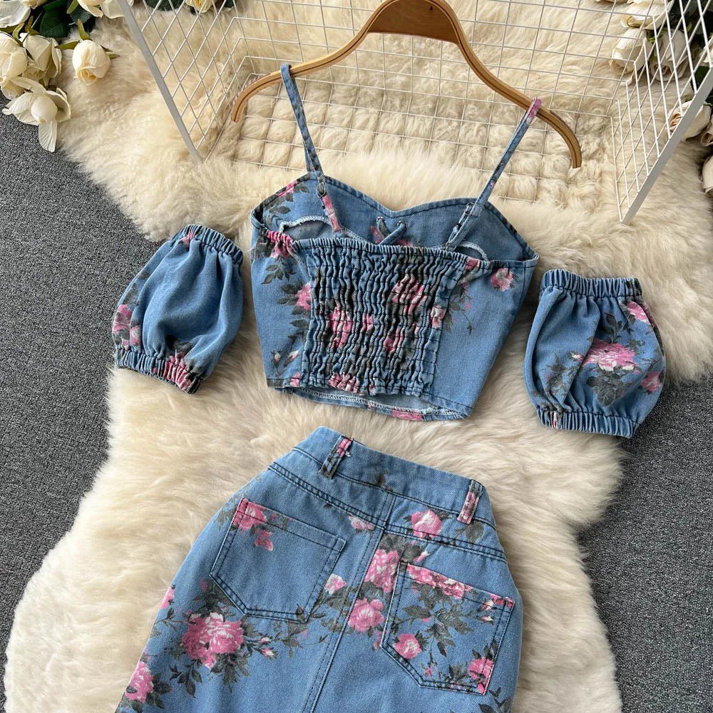 Women's Floral Print Denim Two Pieces Sets Off Shoulder Strapless Elastic Waist Camisole+ Split Maxi Skirt Jeans Suits - American Thistle Women's Floral Print Denim Two Pieces Sets Off Shoulder Strapless Elastic Waist Camisole+ Split Maxi Skirt Jeans Suits