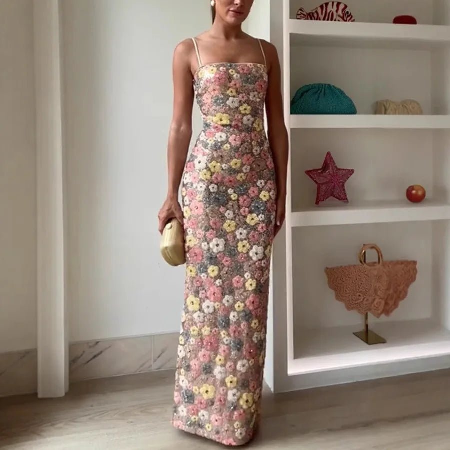 Women's Flowers Sequin Patchwork Slim Strap Party Long Dress - American Thistle Women's Flowers Sequin Patchwork Slim Strap Party Long Dress