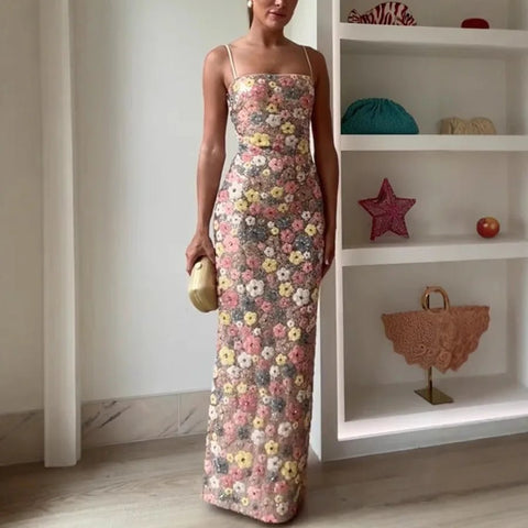 Women's Flowers Sequin Patchwork Slim Strap Party Long Dress - American Thistle Women's Flowers Sequin Patchwork Slim Strap Party Long Dress