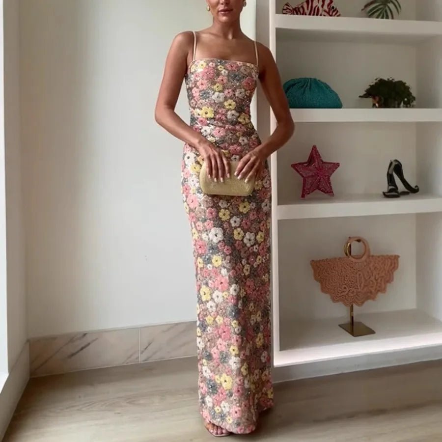 Women's Flowers Sequin Patchwork Slim Strap Party Long Dress - American Thistle Women's Flowers Sequin Patchwork Slim Strap Party Long Dress