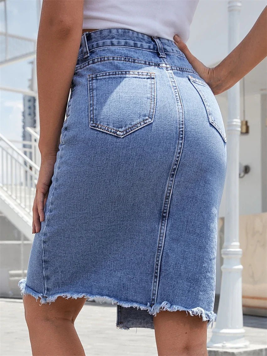 Women's Front Slit Blue Denim Skirt with Pockets High Waist - American Thistle Women's Front Slit Blue Denim Skirt with Pockets High Waist