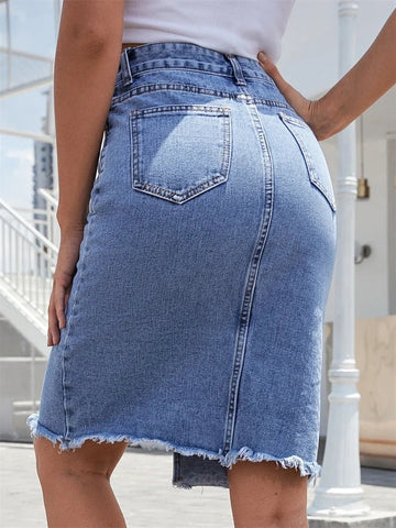 Women's Front Slit Blue Denim Skirt with Pockets High Waist - American Thistle Women's Front Slit Blue Denim Skirt with Pockets High Waist