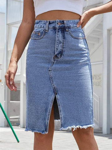 Women's Front Slit Blue Denim Skirt with Pockets High Waist - American Thistle Women's Front Slit Blue Denim Skirt with Pockets High Waist