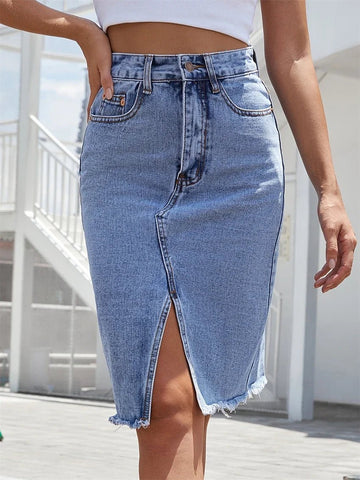 Women's Front Slit Blue Denim Skirt with Pockets High Waist - American Thistle Women's Front Slit Blue Denim Skirt with Pockets High Waist