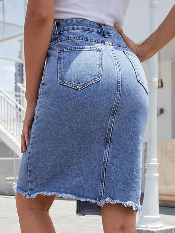 Women's Front Slit Blue Denim Skirt with Pockets High Waist - American Thistle Women's Front Slit Blue Denim Skirt with Pockets High Waist