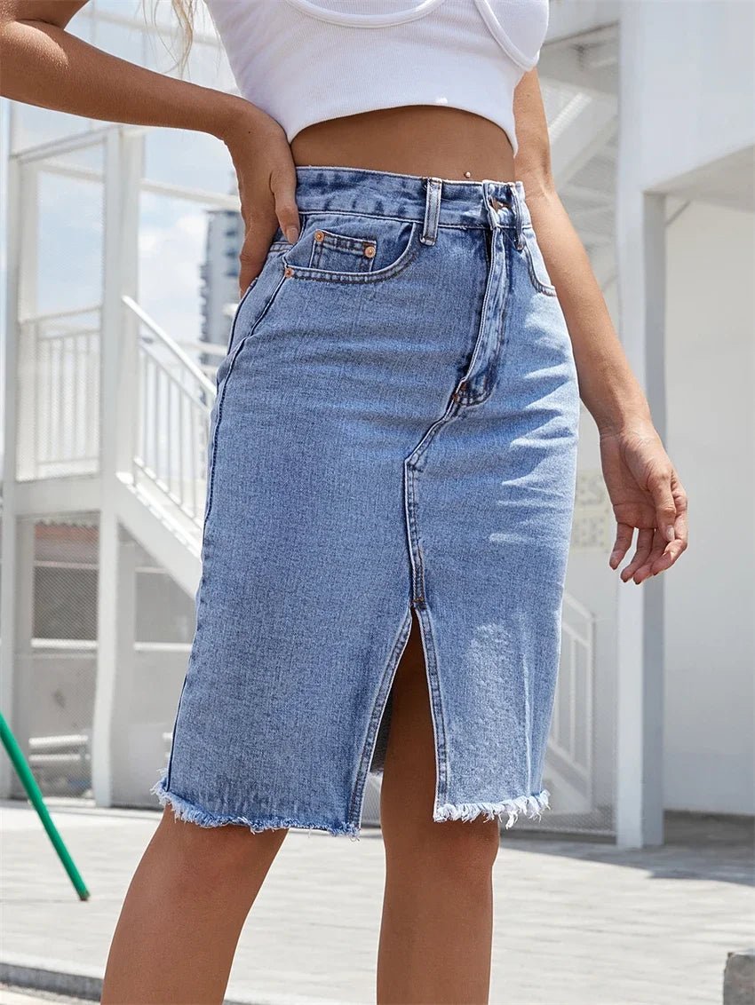 Women's Front Slit Blue Denim Skirt with Pockets High Waist - American Thistle Women's Front Slit Blue Denim Skirt with Pockets High Waist