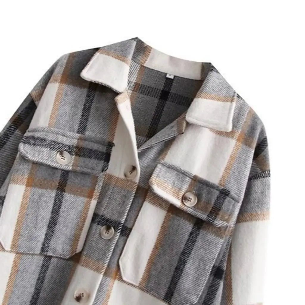 Women's Gray Plaid Woolen Coat Single - Breasted Loose Fit Autumn Winter Shirt European American Style with Pocket - American Thistle Women's Gray Plaid Woolen Coat Single - Breasted Loose Fit Autumn Winter Shirt European American Style with Pocket