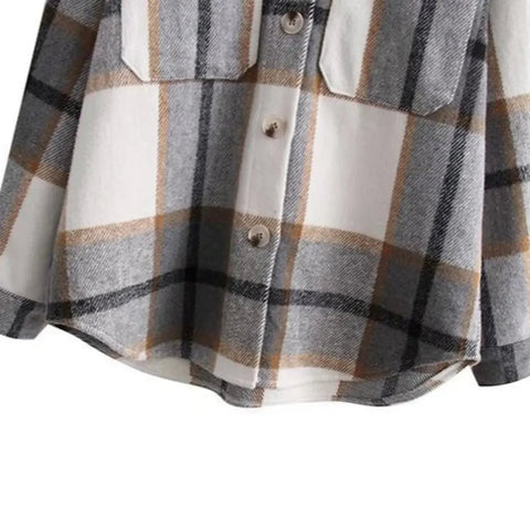 Women's Gray Plaid Woolen Coat Single - Breasted Loose Fit Autumn Winter Shirt European American Style with Pocket - American Thistle Women's Gray Plaid Woolen Coat Single - Breasted Loose Fit Autumn Winter Shirt European American Style with Pocket