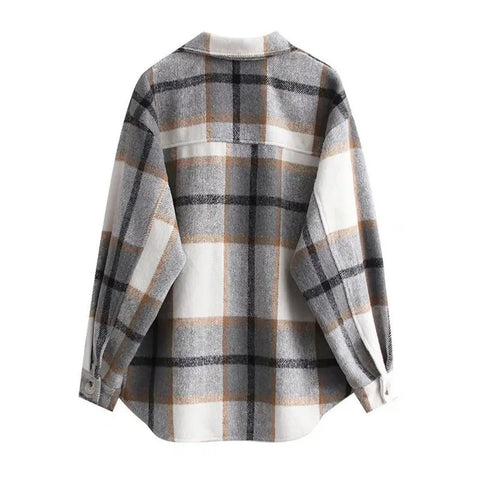 Women's Gray Plaid Woolen Coat Single - Breasted Loose Fit Autumn Winter Shirt European American Style with Pocket - American Thistle Women's Gray Plaid Woolen Coat Single - Breasted Loose Fit Autumn Winter Shirt European American Style with Pocket