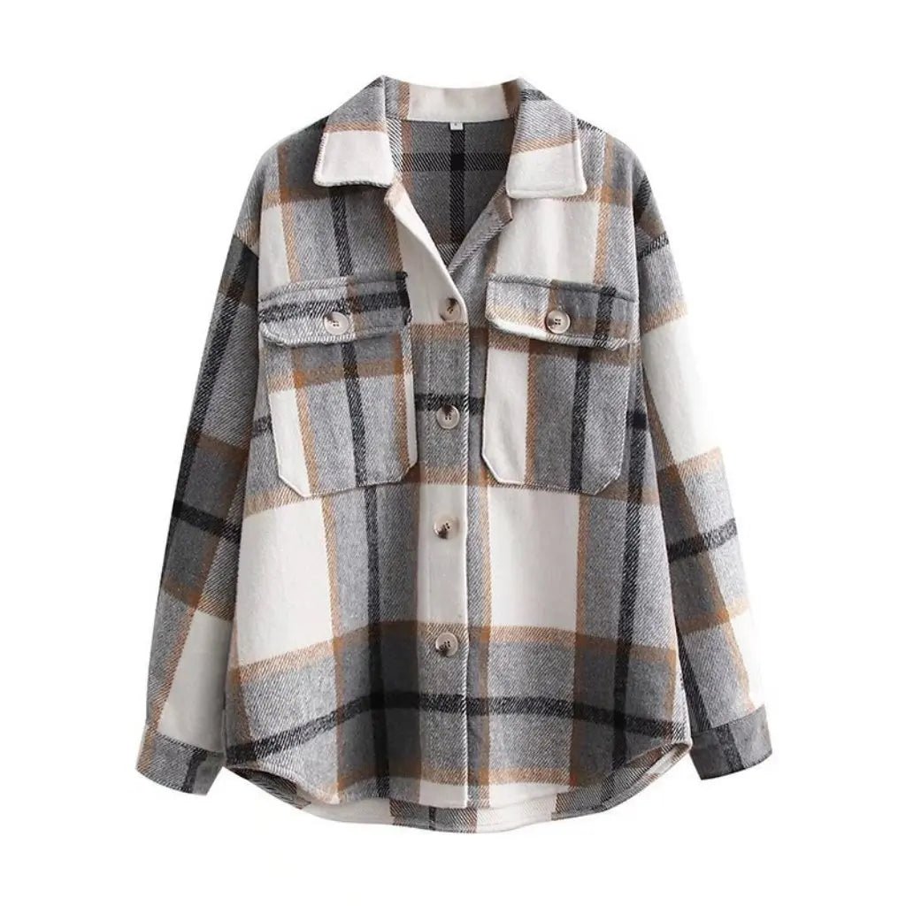 Women's Gray Plaid Woolen Coat Single - Breasted Loose Fit Autumn Winter - American Thistle Women's Gray Plaid Woolen Coat Single - Breasted Loose Fit Autumn Winter