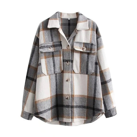 Women's Gray Plaid Woolen Coat Single - Breasted Loose Fit Autumn Winter - American Thistle Women's Gray Plaid Woolen Coat Single - Breasted Loose Fit Autumn Winter