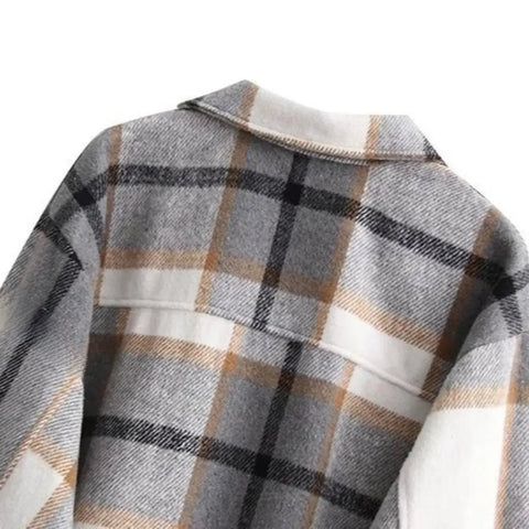 Women's Gray Plaid Woolen Coat Single - Breasted Loose Fit Autumn Winter - American Thistle Women's Gray Plaid Woolen Coat Single - Breasted Loose Fit Autumn Winter