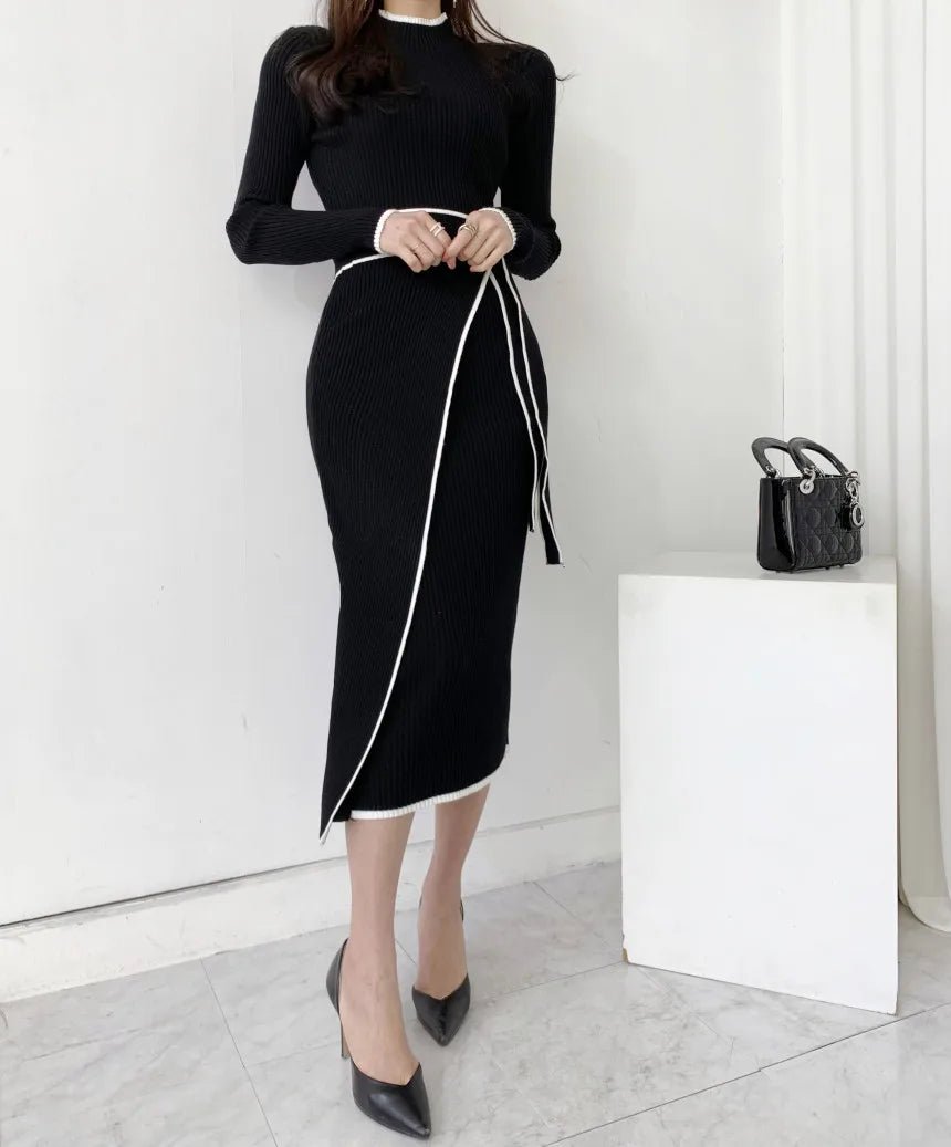Women's Half High Collar Long Sleeve Slim Fit Casual Elegant Knitted Sweater Dress - American Thistle Women's Half High Collar Long Sleeve Slim Fit Casual Elegant Knitted Sweater Dress