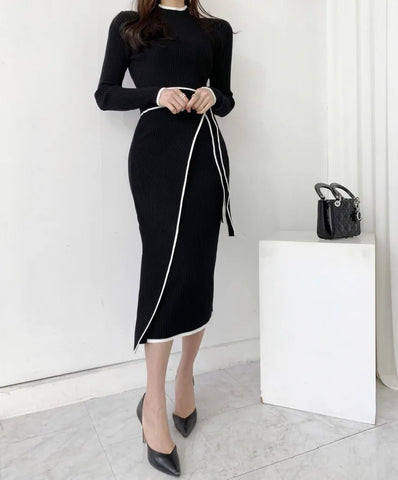 Women's Half High Collar Long Sleeve Slim Fit Casual Elegant Knitted Sweater Dress - American Thistle Women's Half High Collar Long Sleeve Slim Fit Casual Elegant Knitted Sweater Dress
