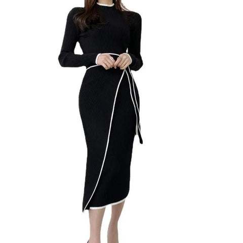Women's Half High Collar Long Sleeve Slim Fit Casual Elegant Knitted Sweater Dress - American Thistle Women's Half High Collar Long Sleeve Slim Fit Casual Elegant Knitted Sweater Dress