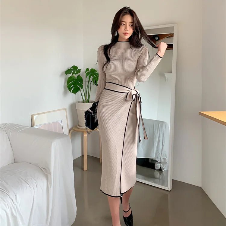 Women's Half High Collar Long Sleeve Slim Fit Casual Elegant Knitted Sweater Dress - American Thistle Women's Half High Collar Long Sleeve Slim Fit Casual Elegant Knitted Sweater Dress
