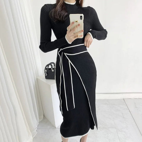 Women's Half High Collar Long Sleeve Slim Fit Casual Elegant Knitted Sweater Dress - American Thistle Women's Half High Collar Long Sleeve Slim Fit Casual Elegant Knitted Sweater Dress