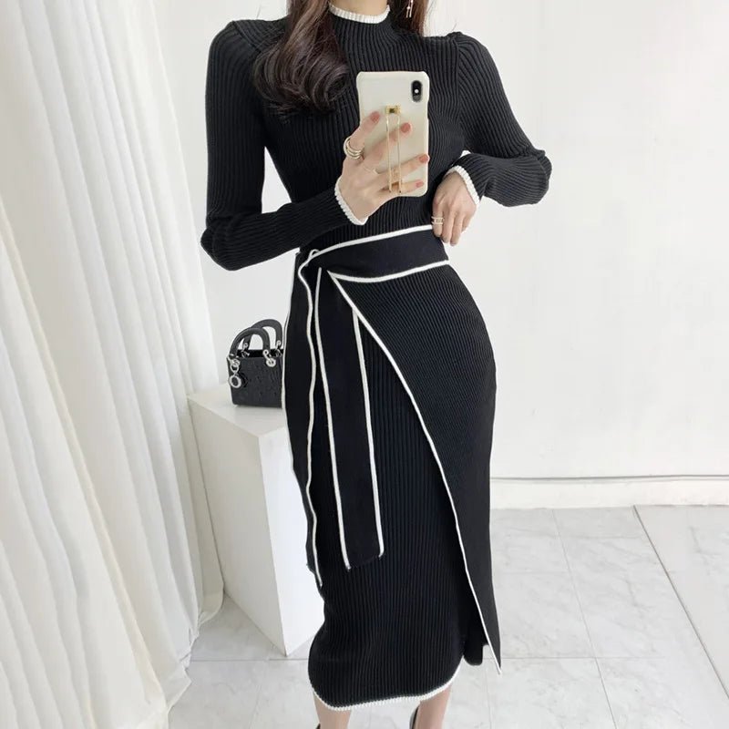 Women's Half High Collar Long Sleeve Slim Fit Casual Elegant Knitted Sweater Dress - American Thistle Women's Half High Collar Long Sleeve Slim Fit Casual Elegant Knitted Sweater Dress