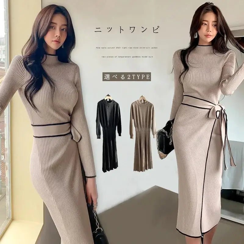 Women's Half High Collar Long Sleeve Slim Fit Casual Elegant Knitted Sweater Dress - American Thistle Women's Half High Collar Long Sleeve Slim Fit Casual Elegant Knitted Sweater Dress