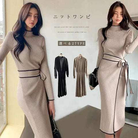 Women's Half High Collar Long Sleeve Slim Fit Casual Elegant Knitted Sweater Dress - American Thistle Women's Half High Collar Long Sleeve Slim Fit Casual Elegant Knitted Sweater Dress