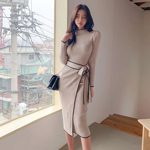 Women's Half High Collar Long Sleeve Slim Fit Casual Elegant Knitted Sweater Dress - American Thistle Women's Half High Collar Long Sleeve Slim Fit Casual Elegant Knitted Sweater Dress
