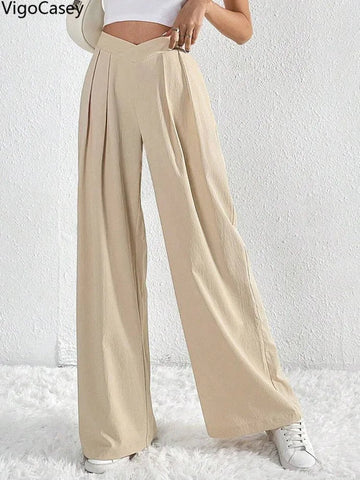 Women's High Waist Pants Casual Pocket Wide Leg Pants For Women Apricot Baggy Pants Ladies Summer Office Trousers - American Thistle Women's High Waist Pants Casual Pocket Wide Leg Pants For Women Apricot Baggy Pants Ladies Summer Office Trousers