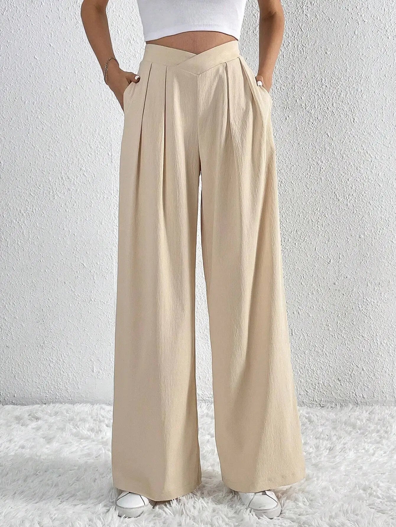 Women's High Waist Pants Casual Pocket Wide Leg Pants For Women Apricot Baggy Pants Ladies Summer Office Trousers - American Thistle Women's High Waist Pants Casual Pocket Wide Leg Pants For Women Apricot Baggy Pants Ladies Summer Office Trousers