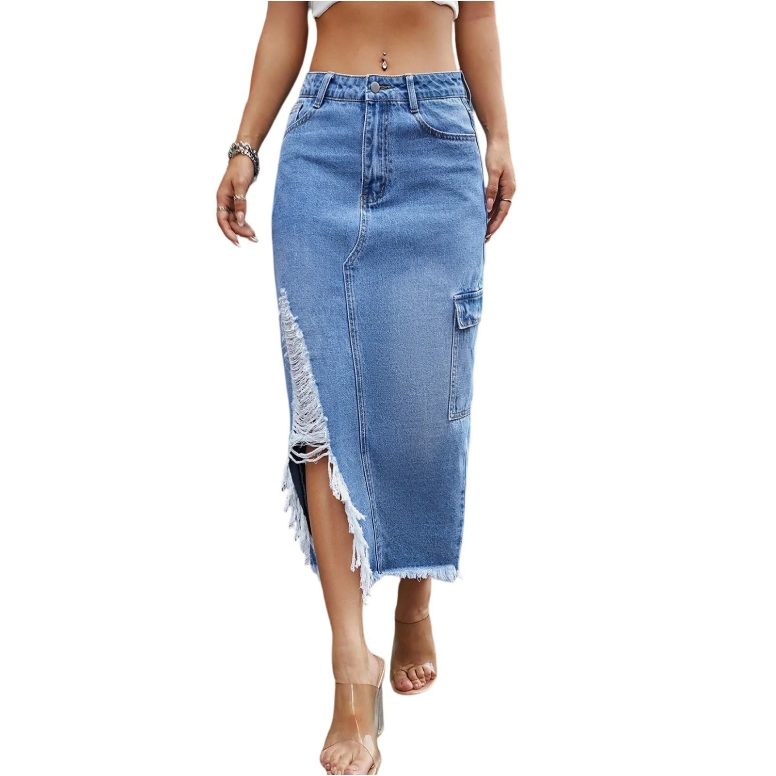 Women'S High - Waisted Denim Slim - Fit Skirt With Side Slits Tassels And Light Blue Raw Edges - American Thistle Women'S High - Waisted Denim Slim - Fit Skirt With Side Slits Tassels And Light Blue Raw Edges