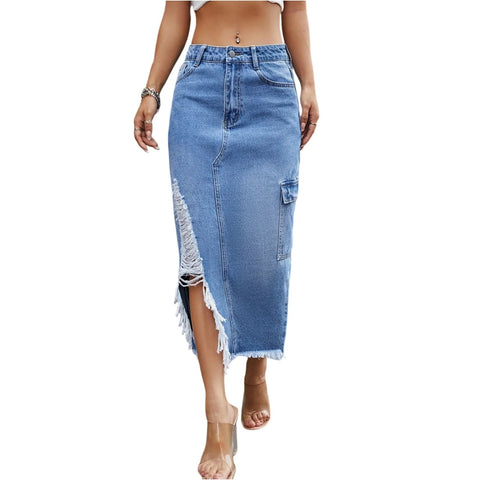 Women'S High - Waisted Denim Slim - Fit Skirt With Side Slits Tassels And Light Blue Raw Edges - American Thistle Women'S High - Waisted Denim Slim - Fit Skirt With Side Slits Tassels And Light Blue Raw Edges
