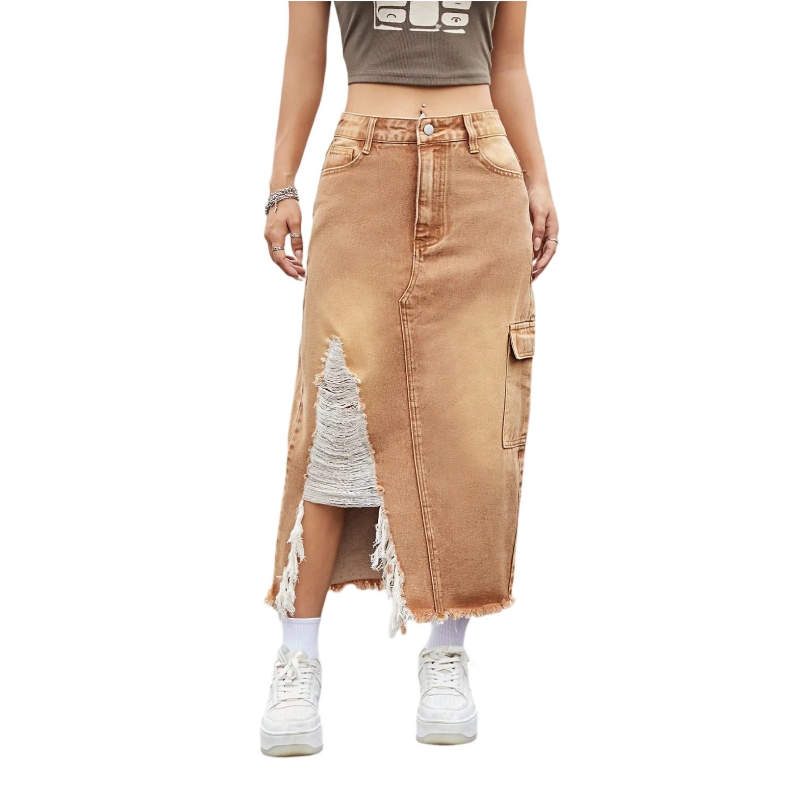Women'S High - Waisted Denim Slim - Fit Skirt With Side Slits Tassels And Light Blue Raw Edges - American Thistle Women'S High - Waisted Denim Slim - Fit Skirt With Side Slits Tassels And Light Blue Raw Edges